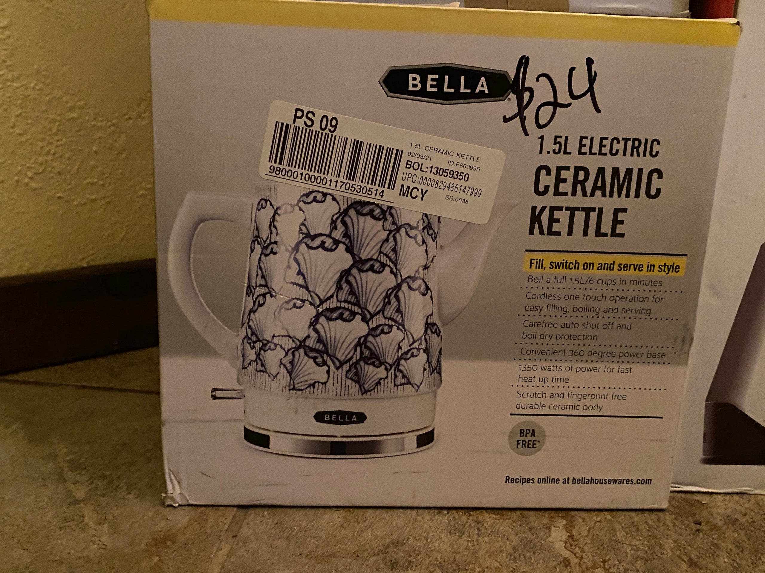 Bella Stylish 1.5 Liter 1350 Watt Ceramic Cordless Electric Kettle